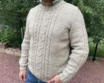 Hand Knitted Wool Sweater: Men's Light Beige Ski Sweater, Size L