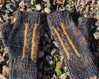 Hand Knitted Wool Mohair Finger-less Gloves, Gray with Yellow Detail
