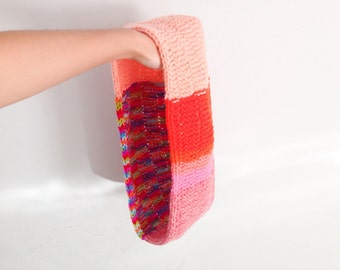 Pink mulitcolor colorblock hand knit infinity cowl