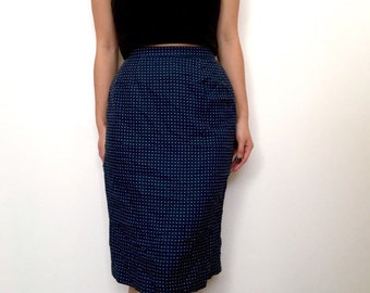 Navy polka dot pencil skirt