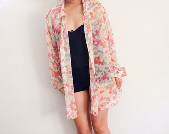 Women's vintage sheer floral oversized shirt