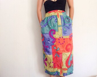 100% silk print midi skirt medium