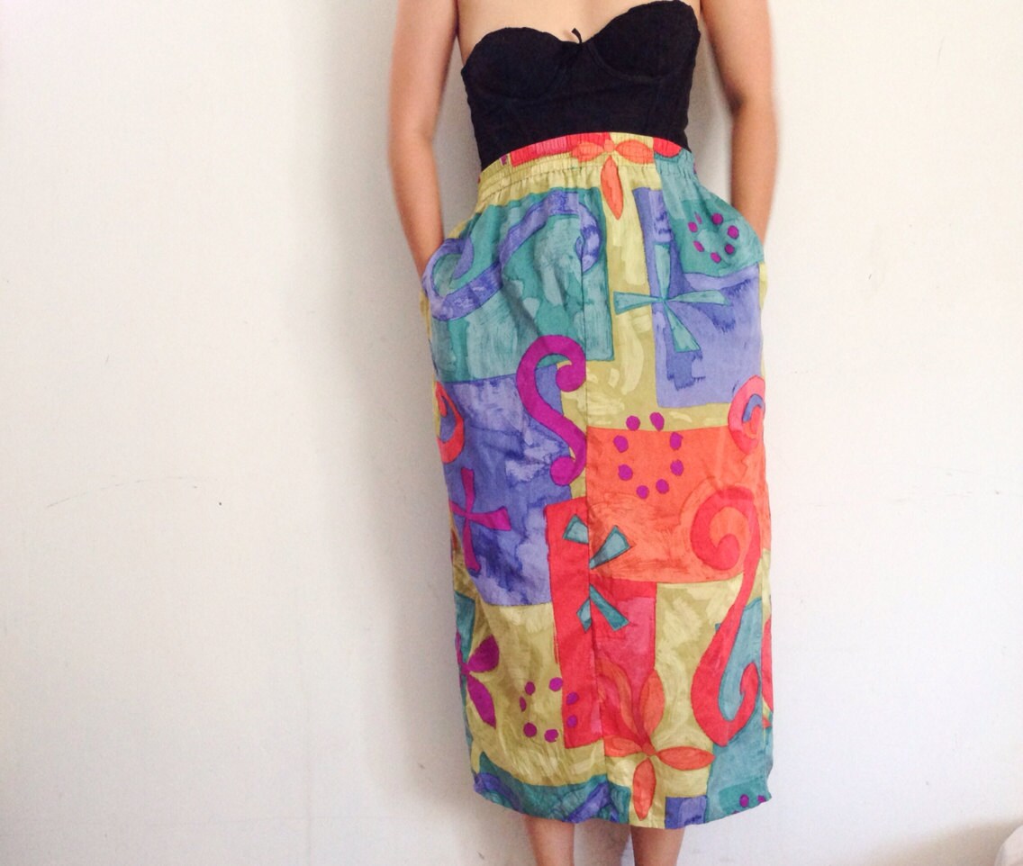 vintage earth tone print silk midi skirt . small ,,, silk main image 0