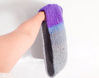 Colorblock gray and purple hand knit scarf