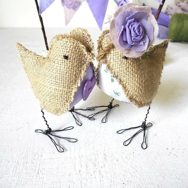 Love Birds Wedding cake topper Rustic Burlap Fabric Lilac Purple Amethyst Woodland Decor