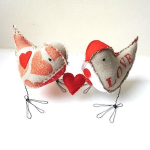 Love Birds fabric stuffed figurines Valentine&#39;s gift soft sculptures rustic linen red gray white