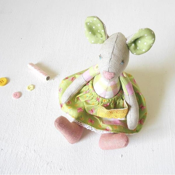 Mouse Doll eco friendly fabric soft toy plush pink green yellow cotton linen Country style Room Decoration