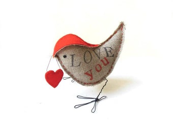 Love Bird Fabric figurine Rustic linen sculpture gray red Love You with Heart Valentine Anniversary gift idea