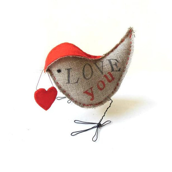 Love Bird Stofffigur Rustikal Leinenskulptur grau rot Love You mit Herz Valentine Jubiläum Geschenkidee