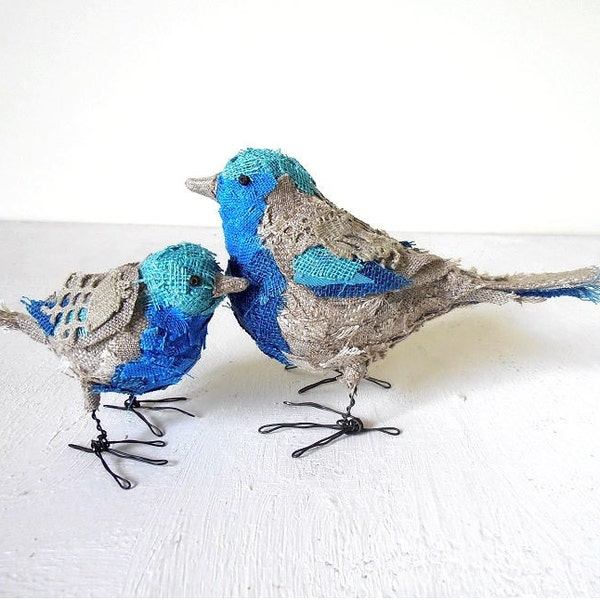 RESERVED Birds Sculpture Love Handmade OOAK gift Green Blue Gray linen fabric figurines set of 2 Ready to ship