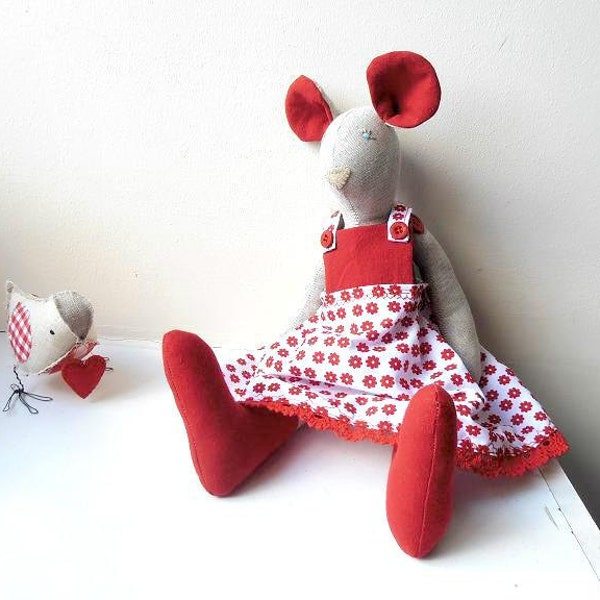 Mouse Doll Room Decoration Handmade Soft Toy Red Gray White cotton and linen Nursery ornament