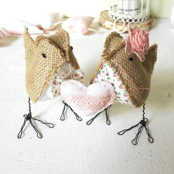 Love Birds Wedding cake topper Rustic Burlap Pink Cream Shabby Chic Woodland ornament with Heart