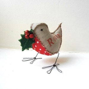 Robin Bird soft sculpture handmade Christmas Ornament Gift Idea rustic gray red with Holly Berry