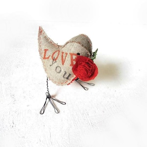 Love Bird Handmade soft sculpture OOAK gift Gray Red linen rustic home decor Love You Valentine