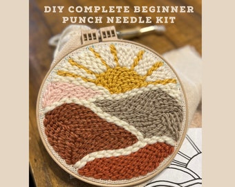 Complete DIY Punch Needle Embroidery Kit | Beginner | Sunrise | Sunset | Mountains | Hills | Fiber Art