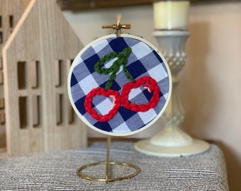4" Cherries on farmhouse navy blue gingham cotton | punch needle | tiered tray | fiber art | home decor | embroidery hoop art