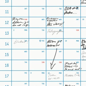 May include: A handwritten calendar with blue lines and red vertical lines. The calendar has dates from the 10th to the 18th. The calendar has handwritten notes and appointments for each day. Some of the notes include "Ring om datorn, g&ouml;r den att laga", "OSA att festen...", "Kontakt agontur OBS viktigt", "Fotograf", "Blocke!", "Hj&auml;p mormor", "Pliska p&aring; att f&aring;:  Svaniz 2", "Skriv till banken om ny konto", "Fout-hoy Fideli -> Ta mod ort", "Thana kl 19.00", "Meddela Erik", "Milano".