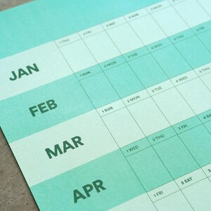 May include: A close-up of a teal and white yearly calendar. The months of January, February, March, and April are visible. The days of the week are listed across the top, with dates in the boxes below.