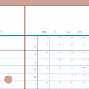 May include: A blank calendar page for the year 2026, showing the months of January, February, March, April, May, and June. The calendar is divided into seven columns for each day of the week, with the days of the week labelled at the top of each column. The calendar is printed on white paper with blue lines and red numbers.