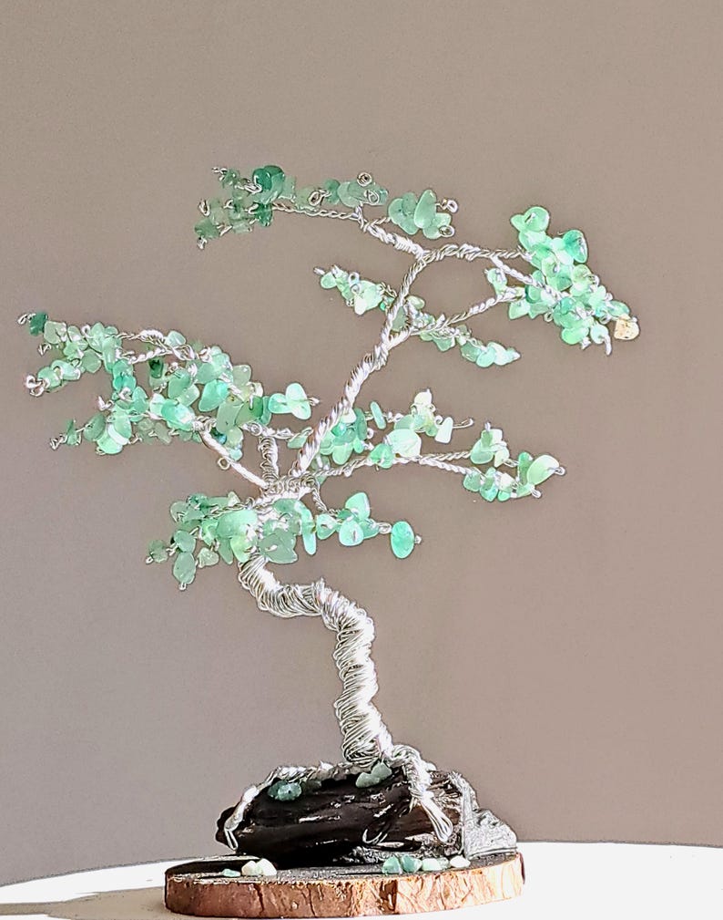 Tree Sculpture, Twisted Wire Tree With Adventurine Beads, Silver Wire