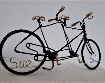 Unique hand crafted personalised wire tandem bicycle sculpture for your Wedding cake.