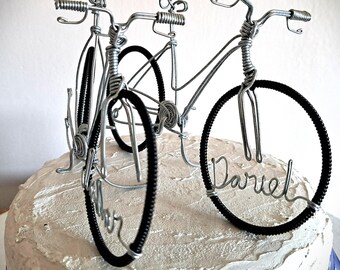 Bicycle Wedding Cake Toppers, Personalised Bride and Groom toppers.