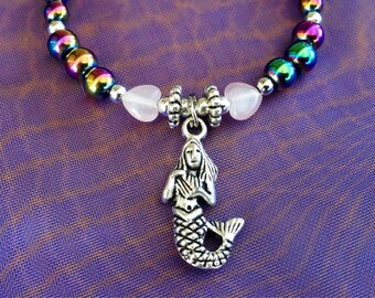 Colorful Mermaid Magnetic Bracelet, Anklet or Necklace with Pale Pink Cats Eye Hearts and Extra Strength Magnetic Clasp! ~