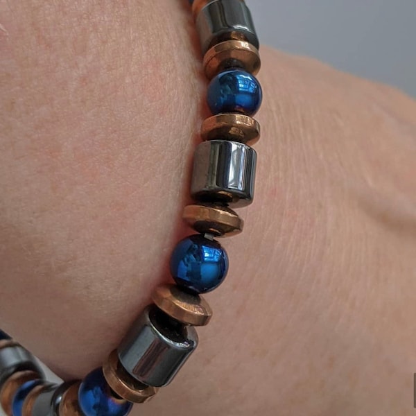 Magnetarmband, Fußkettchen oder Halskette, 6mm Tricolor Dunkelgrau, Blau & Kupfer Finish Magnetperlen und Super-Stärke Magnetverschluss!