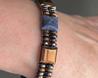Blue Sodalite and Copper Finish Magnetic Double Strand Magnetic Bracelet with Super Strength Double Magnetic Clasp!