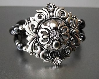 Elegant Romantic Rococo ~  Beautiful Magnetic Bracelet! ~ Antiqued Silver Center Piece ~ Double Strand Super Strength Magnetic Double Clasp!