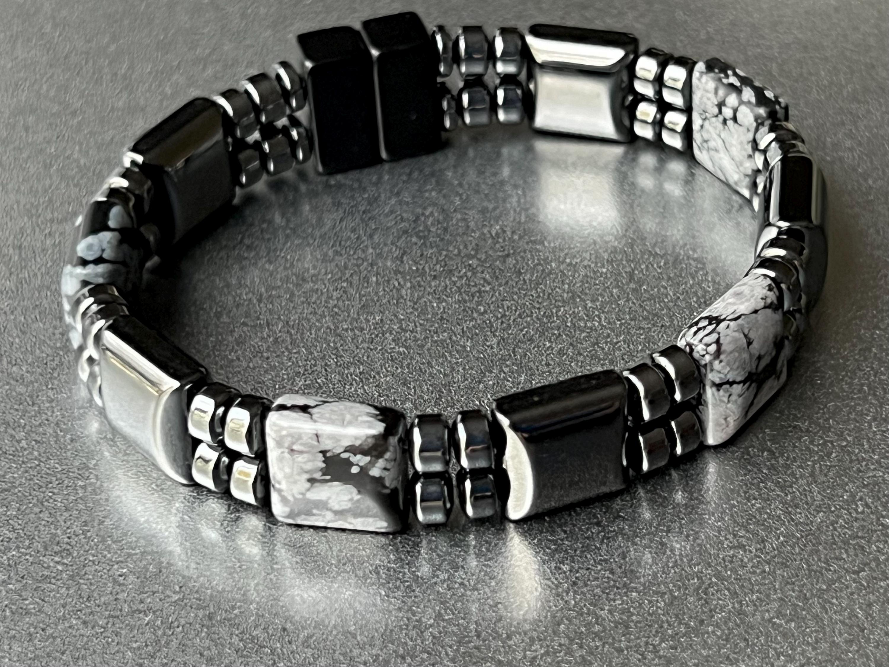 Beautiful Black & Gray Snow Obsidian Magnetic Bracelet With  display picture 3