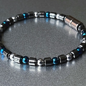 SOLID Magnetic Bracelet or Necklace Blue & Silver 5mm Round Magnetic Beads, 5mm Magnetic Hematite Drums, Extra~Strength Magnetic Clasp!