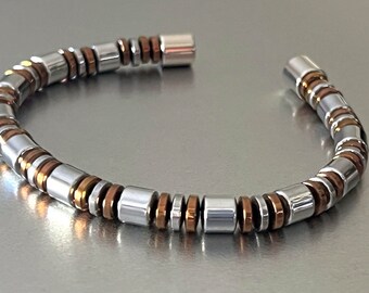 Magnetic Bracelet, Anklet or Necklace w Metallic Finish Silver/Copper 6mm Drum/Rondelle Magnetic Beads + Super Strength 8mm Magnetic Clasp ~