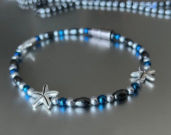 Starfish Magnetic Anklet or Bracelet with Ocean Blue Hematite Accent Beads and Super Strength 8mm Magnetic Clasp!