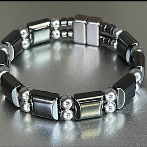 Black & Silver Classic Unisex Solid Magnetic Bracelet !  Double Strand with 5mm Silver Finish Round Magnetic Spacers ! ~