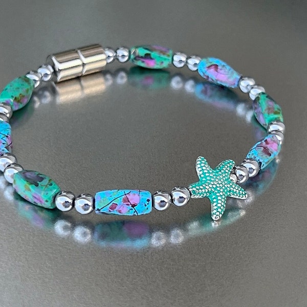 Starfish Magnetic Bracelet or Anklet with Ocean Blue & Green Handpainted Magnetic Beads and Super Strength Magnetic Clasp!