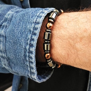 Masculine Chunky Style Magnetic Bracelet with 8mm Drums and 8mm Copper finish Rounds + 8mm Extra Strength Magnetic Clasp ~
