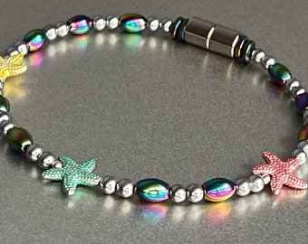 Colorful Magnetic Anklet featuring Green, Red and Yellow Starfish Beads and Super Strength Magnetic Clasp!