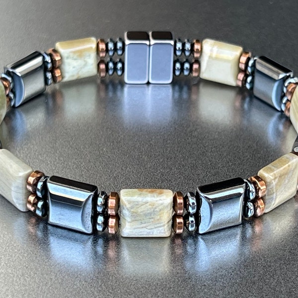 Silver Leaf Jasper Magnetic Bracelet with Copper Magnetic Details ~ Elegant Double Strand Extra Strength Magnetic Clasp! ~