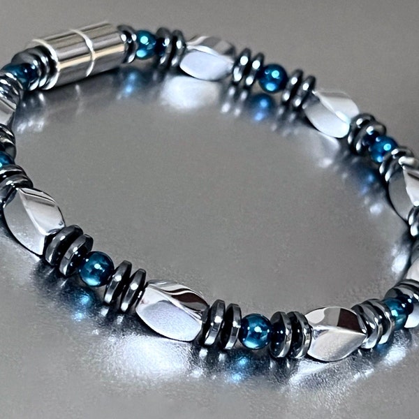 Midnight Blue, Silver Twist and Black Hematite Tricolor Magnetic Men's or Women's Bracelet Anklet Necklace w Extra Strength Magnetic Clasp!