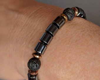 Black Lava Stone Magnetic Bracelet, Anklet or Necklace w Magnetic Copper Accents + Extra Strength Magnetic Clasp ~ Use for Aromatherapy Too!