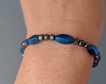 Magnetic Bracelet featuring 5x11 Blue Metallic Finish Magnetic Twist Beads and Extra Strength 7mm Magnetic Clasp!