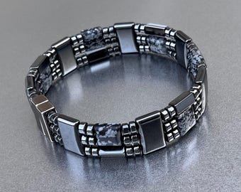 Magnetisches Dreifach Perlen Armband mit Wunderschönen Schneeflocken Obsidian Halbedelstein Steinen!