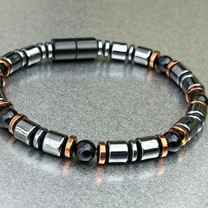 Black Onyx Magnetic BRACELET or NECKLACE ~ 6mm Round Stones w Copper Magnetic Discs w 6mm Magnetic Hematite Drums + 8mm Black Magnetic Clasp