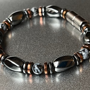 Black & Gray Snow Obsidian Magnetic Bracelet or Necklace with 8x12mm Swirl Copper Finish Magnetic Beads, Super-Strength 8mm Magnetic Clasp!