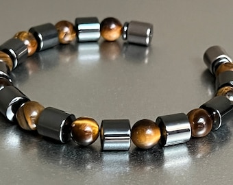 Gorgeous Brown Tiger Eye 8mm Round Stones w Masculine 8mm Magnetic Drum Beads ~ Bracelet or Necklace w Super~Strength 8mm Magnetic Clasp! ~