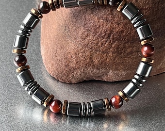 Red Tiger Eye Magnetic Bracelet with Hematite Drums & Clasp