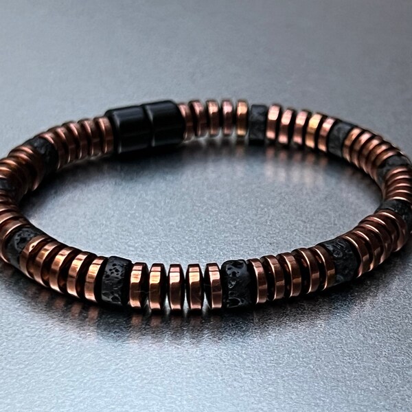 ARMBAND-Fußkettchen-Halskette mit 6mm Magnetischen Rondellen mit Kupfer-Finish + Diffuser für ätherische Öle Schwarze Lava Rondellen XStrength Magnetverschluss! ~