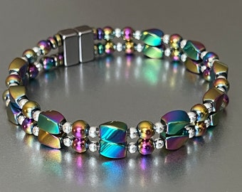 Colorful Rainbow Metallic Double Strand Magnetic Bracelet with Double Strength Magnetic Clasp!