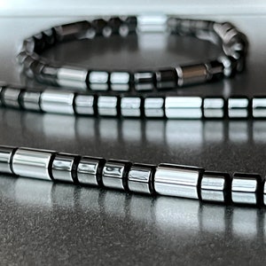 Magnetic Hematite Tube Necklace, Silver Clasp, Anklet Bracelet Set